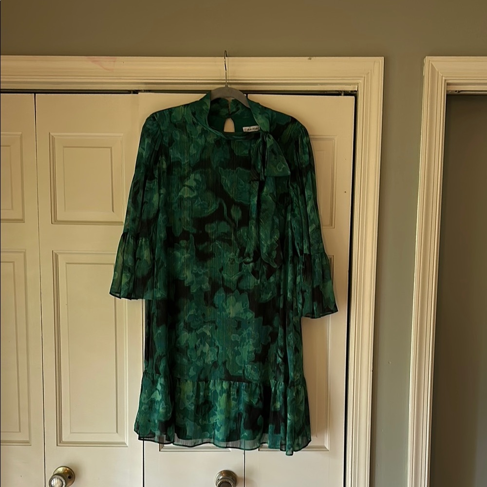 Calvin Klein Green Mock Neck Bishop Sleeve Sundress